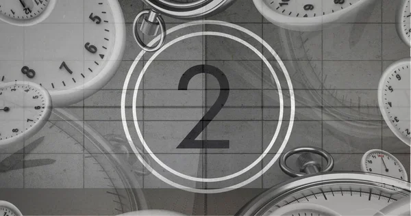 Bild Nummer Zwei Schwarz Weiß Filmprojektor Countdown Mit Uhren Und — Stockfoto
