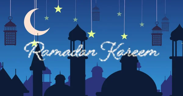 Imagen Generada Digitalmente Saludo Plateado Ramadán Kareem Con Fondo Azul —  Fotos de Stock
