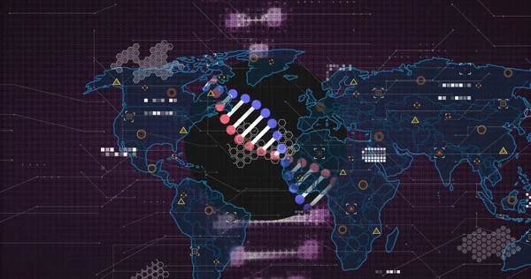 世界地図上のDna鎖の画像 グローバル技術 コンピューティング デジタルインターフェースの概念デジタル生成された画像 — ストック写真