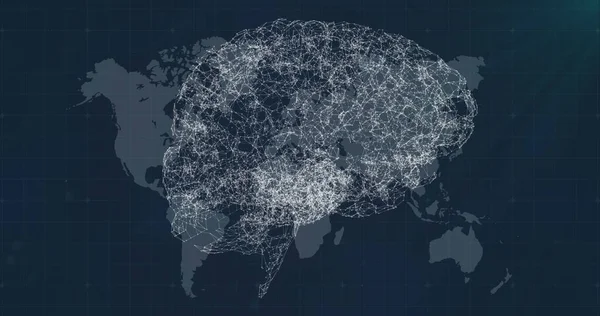 Illustration of connected dots forming digital brain over map against blue background. Copy space, hologram, anatomy, globalization, artificial intelligence, futuristic and technology concept.