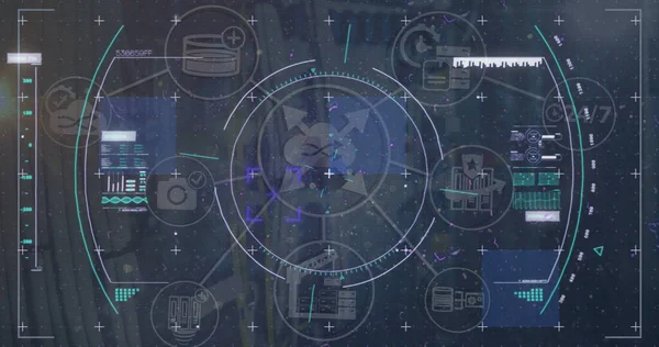 アイコンとサーバールーム上のデータ処理でスコープスキャンのイメージ グローバル技術 コンピューティング デジタルインターフェースの概念デジタル生成された画像 — ストック写真