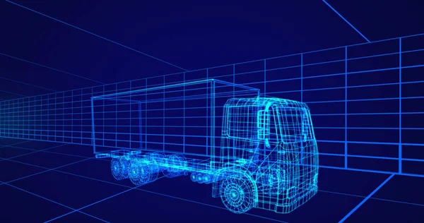 以蓝色背景 复制空间为背景 说明3D型网格图式卡车 数字生成 全息图 技术概念 — 图库照片