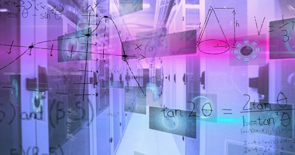 Image of mathematical equations and data processing against computer ...