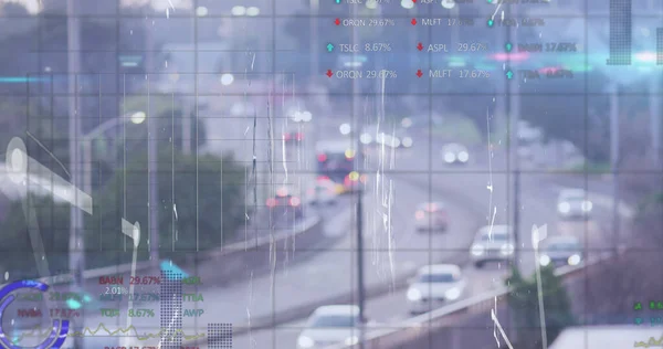Bild Databehandling Över Stadsbilden Global Verksamhet Ekonomi Och Digitalt Gränssnittskoncept — Stockfoto