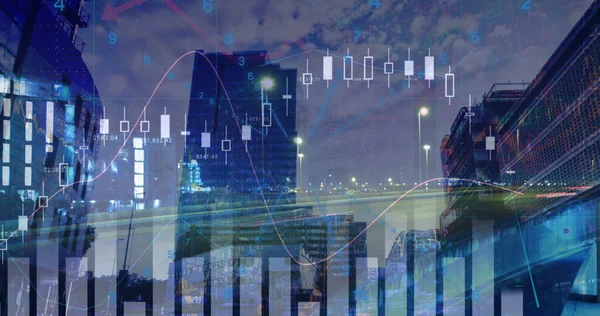 Bild Der Datenverarbeitung Über Dem Stadtbild Globales Geschäft Finanzen Und — Stockfoto