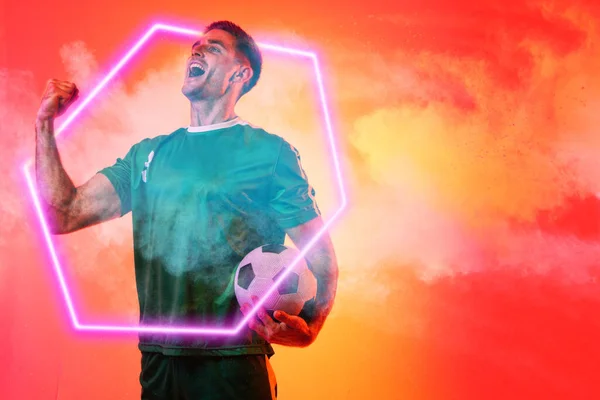 Caucasian Male Player Soccer Ball Screaming Illuminated Hexagon Neon Background — Stock Photo, Image