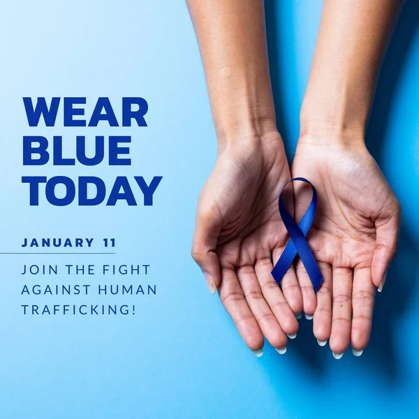 Wear Blue Today Join Fight Human Trafficking Text Caucasian Hands — Stock Photo, Image