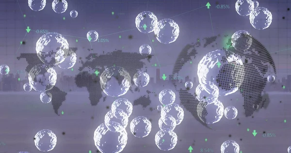 Composition of bubbles and world map with globe over cityscape. Global business and digital interface concept digitally generated image.