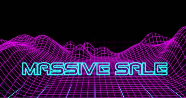 Bild Von Neon Massive Sale Text Gegen Digitale Retro Berge — Stockfoto
