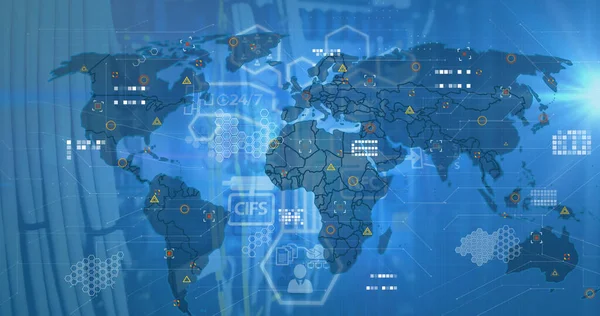 Imagem Interface Digital Processamento Dados Sobre Mapa Mundo Fundo Azul — Fotografia de Stock