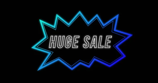 Image of Huge Sale advertisement in Retro Eighties concept with neon shape against black background