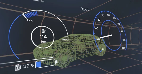 Composition of car interface over digital car on black background. Global technology, transport and digital interface concept digitally generated image.