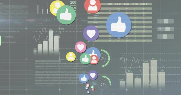 Animation of social media reactions over graphs and data on grey background. Social media, communication, connections, global network and technology concept.