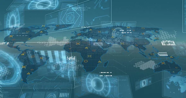Imagem Interface Digital Processamento Dados Sobre Mapa Mundo Fundo Azul — Fotografia de Stock