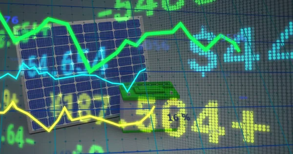 Afbeelding Van Kleurrijke Geometrische Vormen Met Gegevensverwerking Donkere Achtergrond Global — Stockfoto