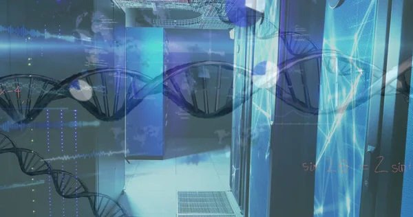 Bild Dna Strängen Och Databehandling Över Serverrummet Globalt Koncept För — Stockfoto