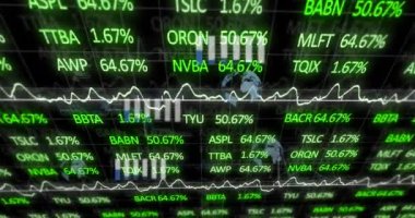 Veri işleme ve kara fon borsasının animasyonu. Küresel teknoloji, finans ve dijital arayüz kavramı dijital olarak oluşturulmuş video.