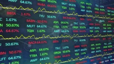 Finansal verilerin ve grafiklerin animasyonu, siyah arkaplandaki bağlantılar ağı üzerinden. Veri işleme, finans, dijital arayüz ve teknoloji konsepti dijital olarak oluşturulmuş video.