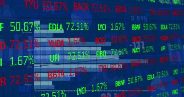 Mavi arka plan istatistikleri üzerinden finansal veri işleme animasyonu. Küresel iş, finans ve veri işleme kavramı dijital olarak oluşturulmuş video.