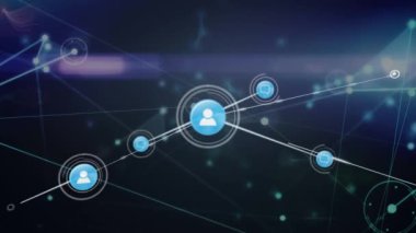 Mor arkaplan ile ışık yolları üzerinde dijital simge ağının animasyonu. Küresel ağ ve iş teknolojisi kavramı