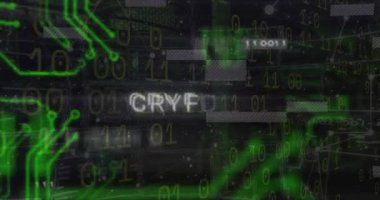 Anakart ve veri işleme üzerinden şifreli metin animasyonu. Dijital olarak oluşturulmuş küresel çevrimiçi siber güvenlik, bilgisayar ve veri işleme kavramı.