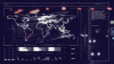 Gece trafiği üzerinde dünya haritası olan dijital ekranda veri işleme animasyonu. Ulaşım, finans, ekonomi ve dijital arayüz kavramı dijital olarak oluşturulmuş video.