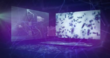 Veri işleme ile bağlantı ve ekranlar ağı üzerinden qr kod tarayıcısının animasyonu. Siber güvenlik ve tıbbi araştırma iş teknolojisi kavramı