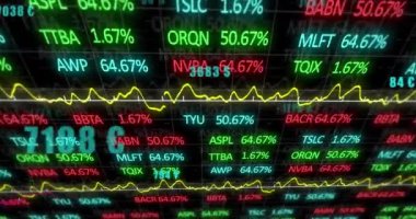 Finansal veri işleme animasyonu ve siyah arkaplan istatistikleri. Küresel finans, iş ve veri işleme kavramı dijital olarak oluşturulmuş video.