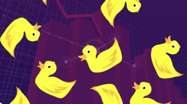 İstatistiksel veri işlemeye karşı kusursuz desenli sarı ördek simgelerinin animasyonu. İş teknolojisi kavramı