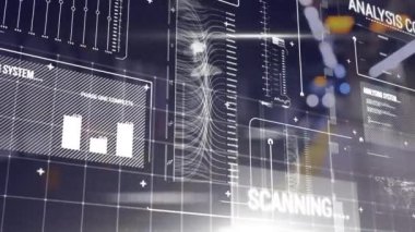 Şehir manzarası üzerinde veri işleme animasyonu. küresel iş ve dijital arayüz kavramı dijital olarak oluşturulmuş video.