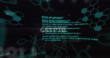 Bilgisayar ana kartı üzerinden şifreli metin ve veri işleme animasyonu. Dijital olarak oluşturulmuş küresel çevrimiçi siber güvenlik, bilgisayar ve veri işleme kavramı.