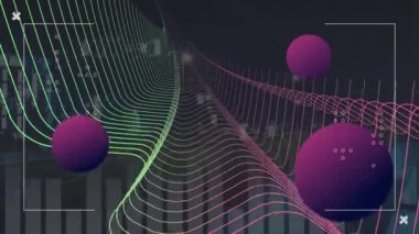 İşaretleyiciler ve mor toplarla ikili kodlama veri işleme animasyonu. Dijital olarak oluşturulmuş küresel bilgisayar ve veri işleme kavramı.