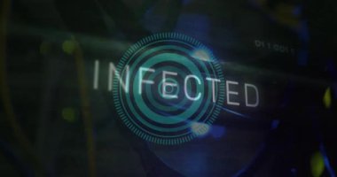 Bilgisayar anakart üzerinden kötü amaçlı yazılımın, kapsamın ve veri işlemenin animasyonu. Dijital olarak oluşturulmuş küresel çevrimiçi siber güvenlik, bilgisayar ve veri işleme kavramı.