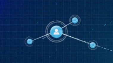 Mavi arkaplan ile ızgara ağı üzerinden profil simgelerinin oluşturulduğu ağın animasyonu. Küresel ağ ve iş teknolojisi kavramı