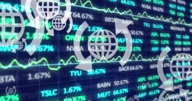 Finansal veri işleme, istatistik ve küresel simgelerin animasyonu. Küresel finans, iş ve veri işleme kavramı dijital olarak oluşturulmuş video.