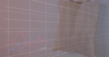 Alışveriş torbası üzerinde finansal verilerin ve grafiklerin animasyonu. Alışveriş, gıda, finans ve ekonomi konsepti dijital olarak oluşturulmuş video.