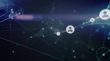 Profil simgeleri ağının mavi arkaplan üzerindeki ışık yollarının animasyonu. Küresel ağ ve iş teknolojisi kavramı