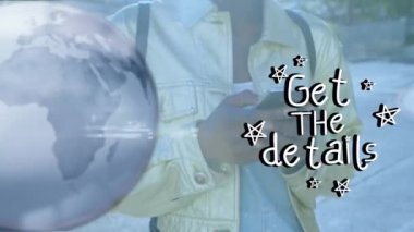 Dünyanın animasyonu ve ayrıntıları akıllı telefon kullanan Afrikalı Amerikalı bir kadının üzerinden alın. Ağ, sosyal medya, iletişim ve teknoloji konsepti dijital olarak oluşturulmuş video.