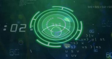 Sayılar üzerinde kapsam ve veri işleme animasyonu. Dijital olarak oluşturulmuş küresel çevrimiçi siber güvenlik, bilgisayar ve veri işleme kavramı.