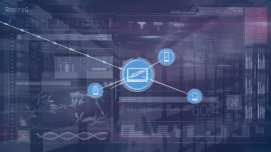 Veri işleme ile ekrandaki simgelerle bağlantı ağının animasyonu. Dijital olarak oluşturulan küresel bağlantılar ve veri işleme kavramı.
