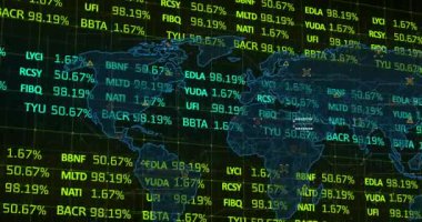 Finansal veri işleme animasyonu ve kara arka planda dünya haritası. Küresel finans, iş ve veri işleme kavramı dijital olarak oluşturulmuş video.