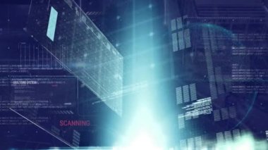 Şehir manzarası üzerinde veri işleme animasyonu. küresel iş ve dijital arayüz kavramı dijital olarak oluşturulmuş video.