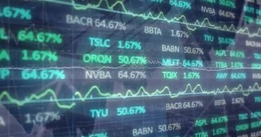 Finansal veri işleme animasyonu ve arka plandaki istatistikler. Küresel finans, iş ve veri işleme kavramı dijital olarak oluşturulmuş video.