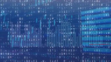 Mavi arkaplan üzerinde istatistik ve ikili kodlama veri işleme animasyonu. Dijital olarak oluşturulmuş küresel bilgisayar ve veri işleme kavramı.