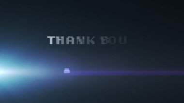 Teşekkür mesajının animasyonu mavi arkaplanda parlayan ışıkta. Genel video oyunu ve veri işleme konsepti dijital olarak oluşturuldu.