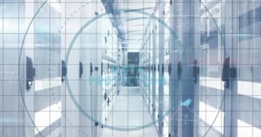 Bilgisayar sunucuları üzerinde matematik denklemleri, kapsam ve veri işleme animasyonları. Dijital olarak oluşturulmuş küresel bilgisayar ve veri işleme kavramı.