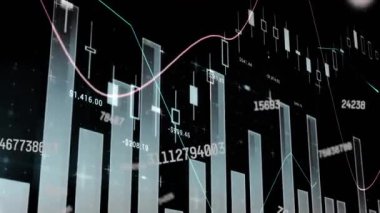 Siyah arka planda istatistik ve veri işleme animasyonu. Küresel iş, bilgisayar ve veri işleme kavramı dijital olarak oluşturulmuş video.