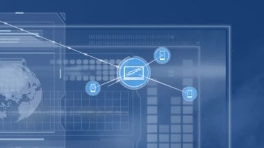 Veri işleme ile ekrandaki simgelerle bağlantı ağının animasyonu. Dijital olarak oluşturulan küresel bağlantılar ve veri işleme kavramı.