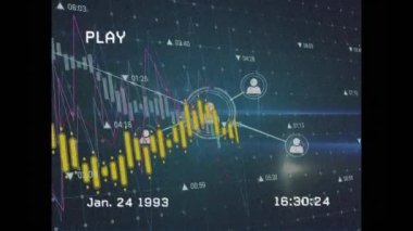 VHS 'nin finansal veri işleme ve profil simgelerinin ağı üzerindeki bozulma etkisinin canlandırılması. Küresel ağ ve iş teknolojisi kavramı