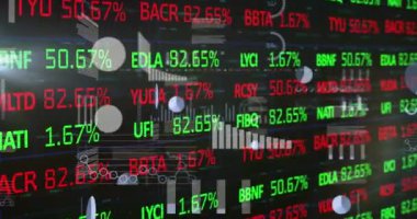 Veri işleme ve kara fon borsasının animasyonu. Küresel teknoloji, finans ve dijital arayüz kavramı dijital olarak oluşturulmuş video.